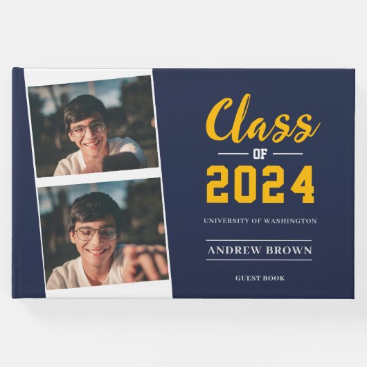 Foto Class of Navy Blue and Gold Guest Book Gästebuch (Vorderseite)