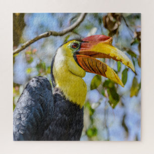 Foto Closeup Wrinkled Hornbill Bird Blätter Platz Puzzle