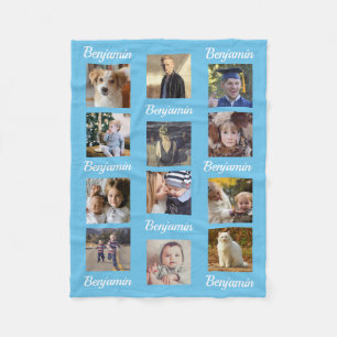 Foto-Collage 12 Instagram Bild-Kindernamen-Blau Fleecedecke