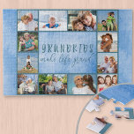 Foto Collage 12 Picture Grandkids Make Life Grand Puzzle<br><div class="desc">Das Puzzle für Fotos mit dem schönen Enkel zitiert und strahlt Himmelblau aus. Die Fotovorlage ist für Sie bereit, 12 Ihrer Lieblings-Fotos hinzuzufügen, die als Rahmen um das Sprichwort der Großeltern angezeigt werden. Die Formulierung lautet "Großkinder machen das Leben großartig" in der Hand gezeichnete sonderbare Großbuchstaben und elegante Schrift Typografie....</div>