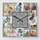 Foto Collage 16 Bild Grau Holz nummeriert Quadratische Wanduhr (Vorderseite)
