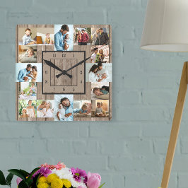 Foto Collage 16 Bild Rustikales Holz nummeriert Quadratische Wanduhr