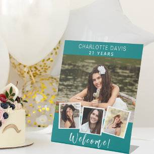 Foto Collage aquamarin grün Geburtstagsparty Begrü Sockelschild