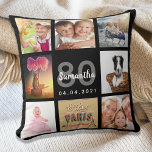 Foto-Collage aus dem 80. Kissen<br><div class="desc">Ein einzigartiges Geschenk für eine Frau 80. Geburtstag, feiert ihr Leben mit einer Collage von 8 Ihrer eigenen Fotos, Bilder. Personalisieren und fügen Sie ihren Namen, Alter 80 und ein Datum. Ein schicker schwarzer Hintergrund. Graue und weiße Buchstaben und Zahlen. Der Name ist mit einem modernen handgeschriebenen Stilskript geschrieben.</div>