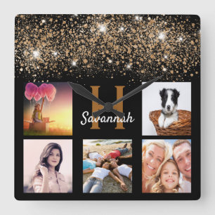Foto-Collage aus schwarzem Glitzer Quadratische Wanduhr
