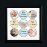 Foto Collage Baby Boy Name, Geburtsdaten und Ente Schmuckschachtel<br><div class="desc">Personalisieren Sie diesen wunderbaren Sake mit 5 Fotos Ihres Neugeborenen, gerahmt von spielerischen Kreisen und einem weißen neutralen Hintergrund. (Instagram Fotos funktionieren großartig!) Einfach Angaben zur Geburt hinzufügen - Name, Geburtsdatum, Gewicht und Körpergröße. Niedlichen Babyenten schmücken die beiden gelben Kreise, während der Name Ihres Babys und der Begrüßungsgruß in zwei...</div>