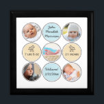 Foto Collage Baby Boy Name, Geburtsdaten und Ente Schmuckschachtel<br><div class="desc">Personalisieren Sie diesen wunderbaren Sake mit 5 Fotos Ihres Neugeborenen, gerahmt von spielerischen Kreisen und einem weißen neutralen Hintergrund. (Instagram Fotos funktionieren großartig!) Einfach Angaben zur Geburt hinzufügen - Name, Geburtsdatum, Gewicht und Körpergröße. Niedlichen Babyenten schmücken die beiden gelben Kreise, während der Name Ihres Babys und der Begrüßungsgruß in zwei...</div>