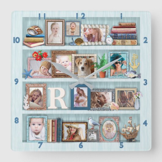 Foto Collage Beach Bookcase für Familien Personali Quadratische Wanduhr (Vorderseite)