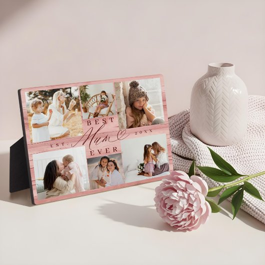Foto Collage Beste Mama-Familie Rosa Holzkörner Fotoplatte