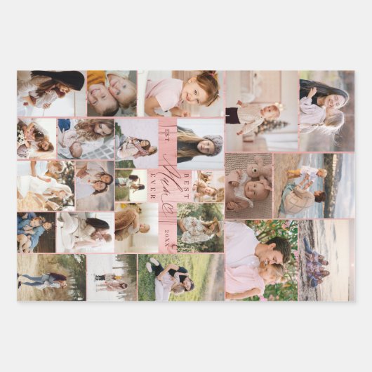 Foto Collage Beste Mama-Familie Rosa Holzkörner Geschenkpapier Set (Vorderseite)