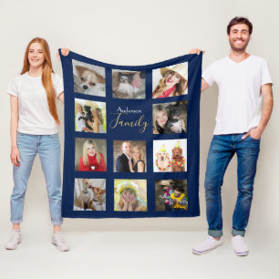 Foto Collage Blanket Navy Blau mit Namen Fleecedecke