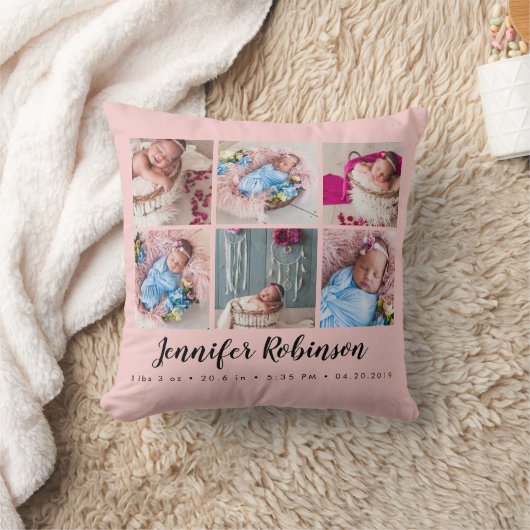 Foto Collage Blush Rose Mit Monogramm Geburtsstatu Kissen (Decke)