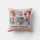 Foto Collage Blush Rose Mit Monogramm Geburtsstatu Kissen (Rückseite)
