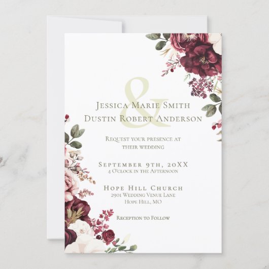 Foto Collage Burgundy Blumenzange Grüne Hochzeit Einladung (Vorderseite)