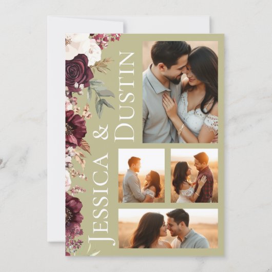 Foto Collage Burgundy Blumenzange Grüne Hochzeit Einladung (Rückseite)
