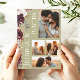 Foto Collage Burgundy Blumenzange Grüne Hochzeit Einladung