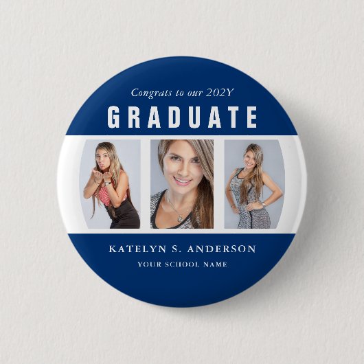 Foto Collage Custom Blue and White Abschluss Button (Vorderseite)