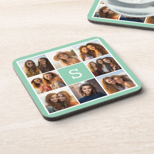 Foto Collage Custom Monogram Minze Green Getränkeuntersetzer (Linke Seite)