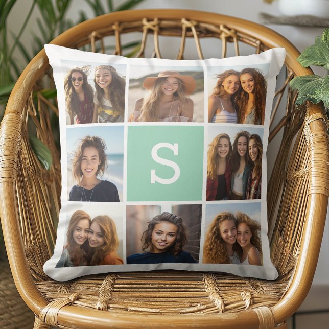 Foto Collage Custom Monogram Minze Green Kissen (Custom Photo Collage Pillow)