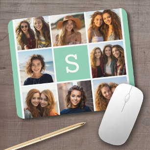 Foto Collage Custom Monogram Minze Green Mousepad