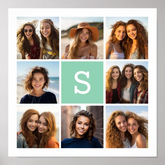 Foto Collage Custom Monogram Minze Green Poster (Vorne)