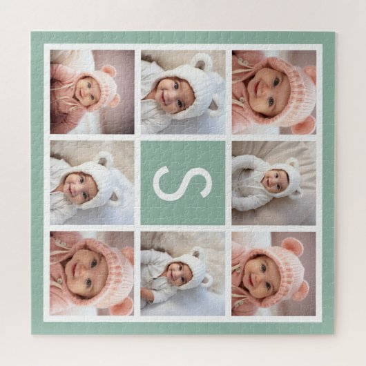 Foto Collage Custom Monogram Minze Green Puzzle (Horizontal)