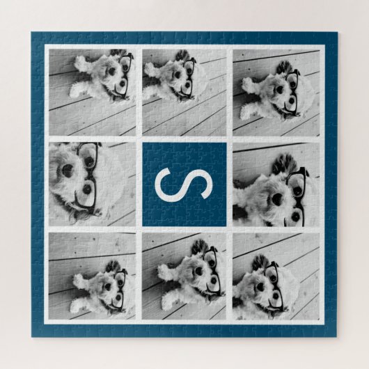 Foto Collage Custom Monogram Navy Blue Puzzle (Horizontal)