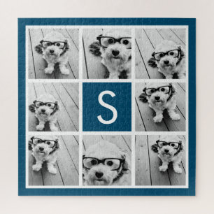Foto Collage Custom Monogram Navy Blue Puzzle