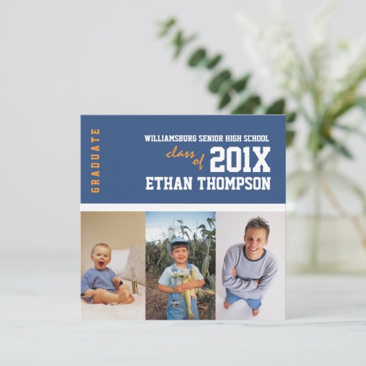 Foto-Collage der Abschluss-Mitteilungs-3 im Blau Einladung (Stehend Vorderseite)