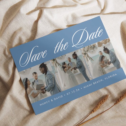 Foto-Collage Dusty Blue Strandhochzeit Save The Date