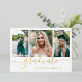 Foto Collage Elegante Script Graduation Party Gold Folieneinladung (Stehend vorne)
