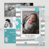 Foto Collage Elephant Gray Watercolor Stripe Baby Ankündigung (Vorne/Hinten)