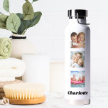 Foto Collage Familienfreunde nennen Weiß Trinkflasche<br><div class="desc">Ein klassischer weißer Hintergrund. Personalisieren und fügen Sie Ihre eigenen Fotos von Familie und Freunden. Fügen Sie Ihren Namen hinzu,  schwarze Buchstaben.</div>