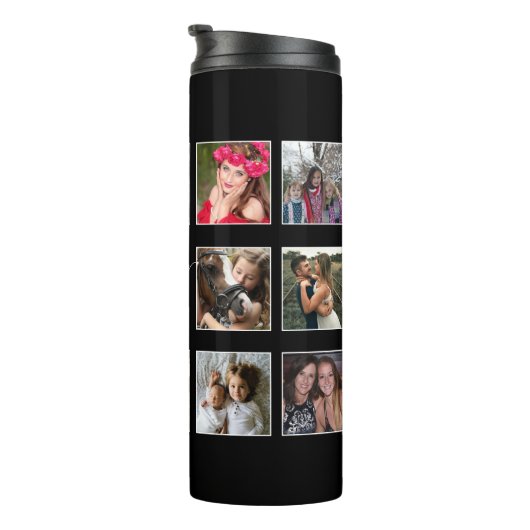 Foto Collage Familienskript Schwarz-Weiß Thermosbecher (Nach rechts gedreht)