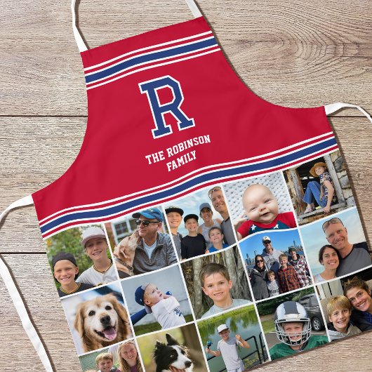 Foto Collage Family Mit Monogramm Navy Crimson Red Schürze