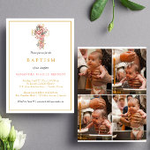 Foto Collage Floral Cross Gold Script Taufe Einladung