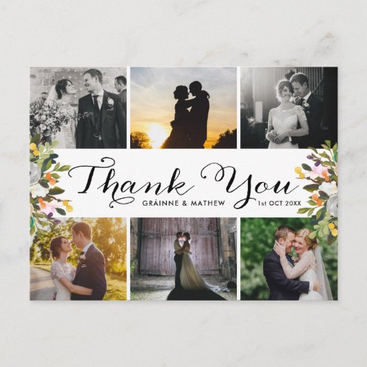 Foto Collage Floral Wedding Danke Postcard Postkarte (Vorderseite)