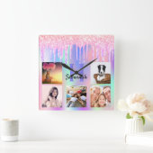 Foto Collage Glitzer Rosa Regenbogen holografisch Quadratische Wanduhr (Zuhause)