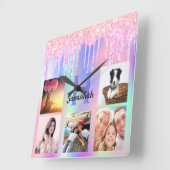 Foto Collage Glitzer Rosa Regenbogen holografisch Quadratische Wanduhr (Winkel)