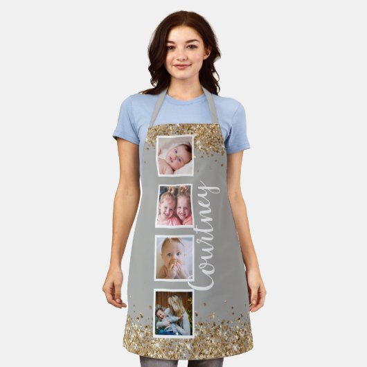 Foto Collage Gold Glitzer Grauer individuelle Name Schürze (Getragen)