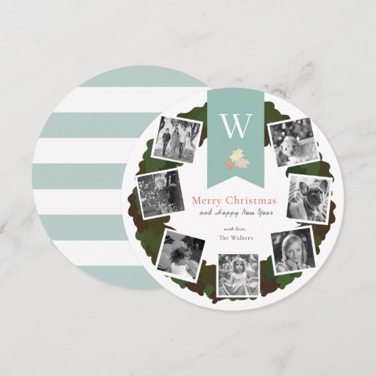 Foto Collage Greenerity Wreath White Holiday Card Einladung (Vorne/Hinten)