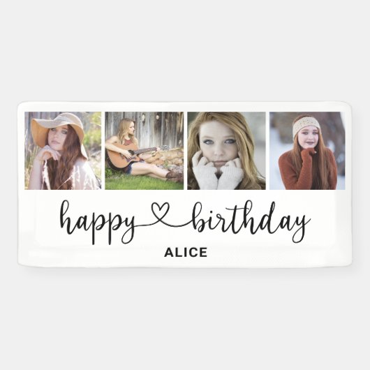 Foto Collage Happy Birthday Script Herzbanner Banner (Horizontal)