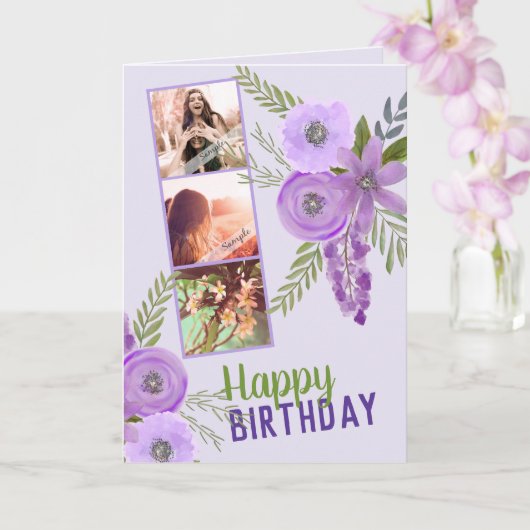 Foto Collage "Happy Birthday" Violet Lila Karte (Orchidee)