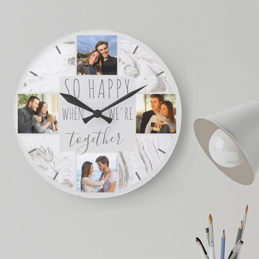 Foto Collage Happy Together Zitat Modernes Marmor Große Wanduhr