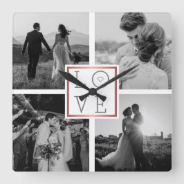 Foto Collage Hochzeit Liebe Schwarz & Weiß Quadratische Wanduhr