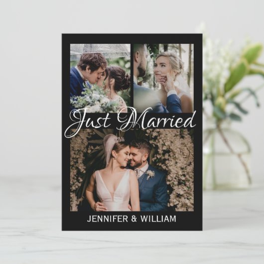 Foto Collage Just Married Wedding Ankündigung (Stehend Vorderseite)