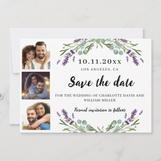 Foto Collage Lavendel florale Hochzeit Save The Date (Vorderseite)