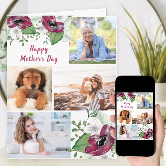 Foto Collage Magenta Floral Editable Card Karte