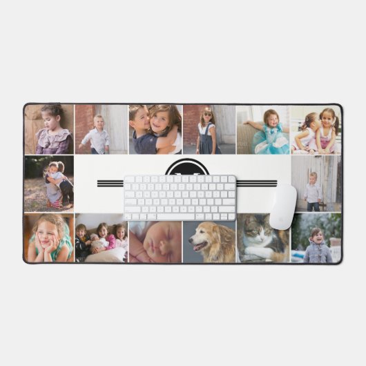 Foto-Collage mit 14 Fotos und schwarzer Monogramm Schreibtischunterlage (Tastatur & Maus)