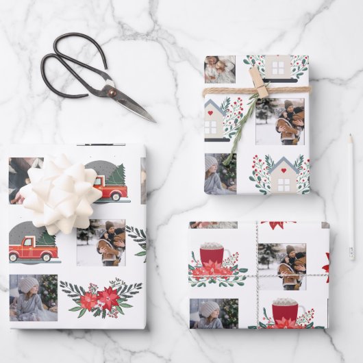 Foto Collage mit Weihnachtspoinsettia und Dekorati Geschenkpapier Set (Vorderseite)